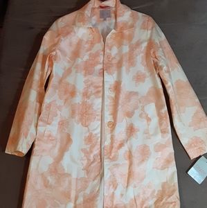Drizzle Women's Long Jacket Size 8 Melon Floral Pastel Print Rain Trench Coat
